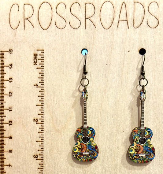 Wood Earrings Guitar - Hippie Floral - BE106