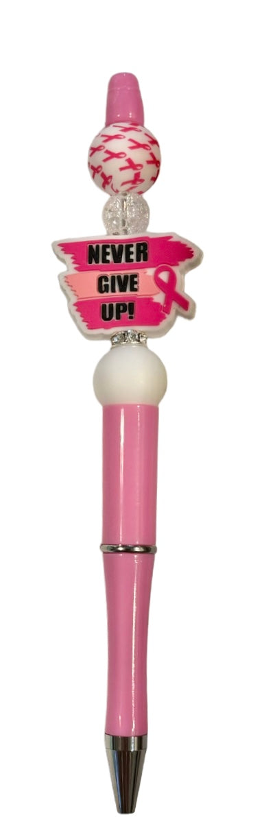 Beaded Pen, "Never Give Up" Breast Cancer awareness.