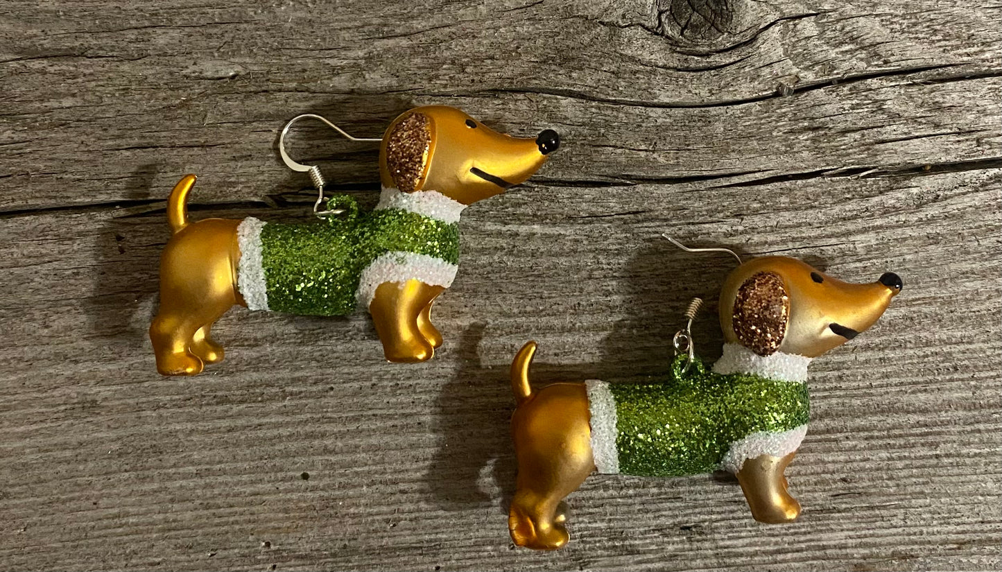 Weiner dog Christmas Sweater earrings, Green