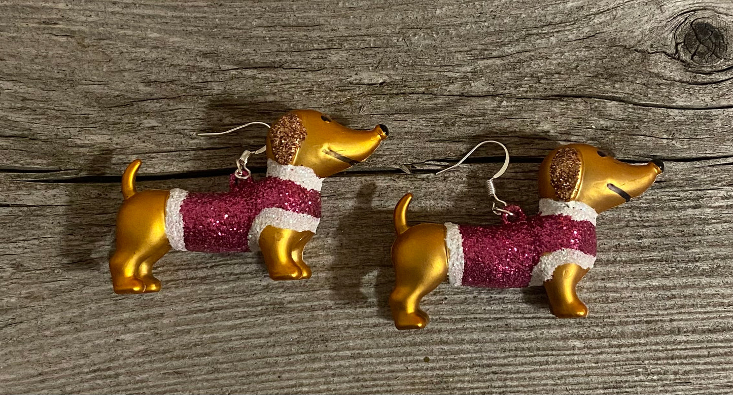 Weiner dog Christmas Sweater earrings, Hot Pink