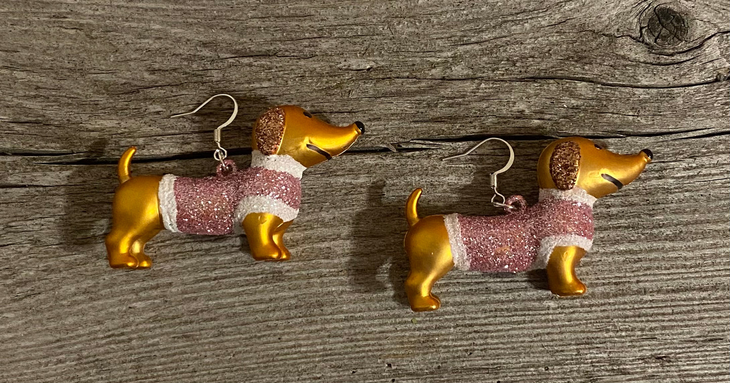 Weiner dog Christmas Sweater earrings, Light Pink