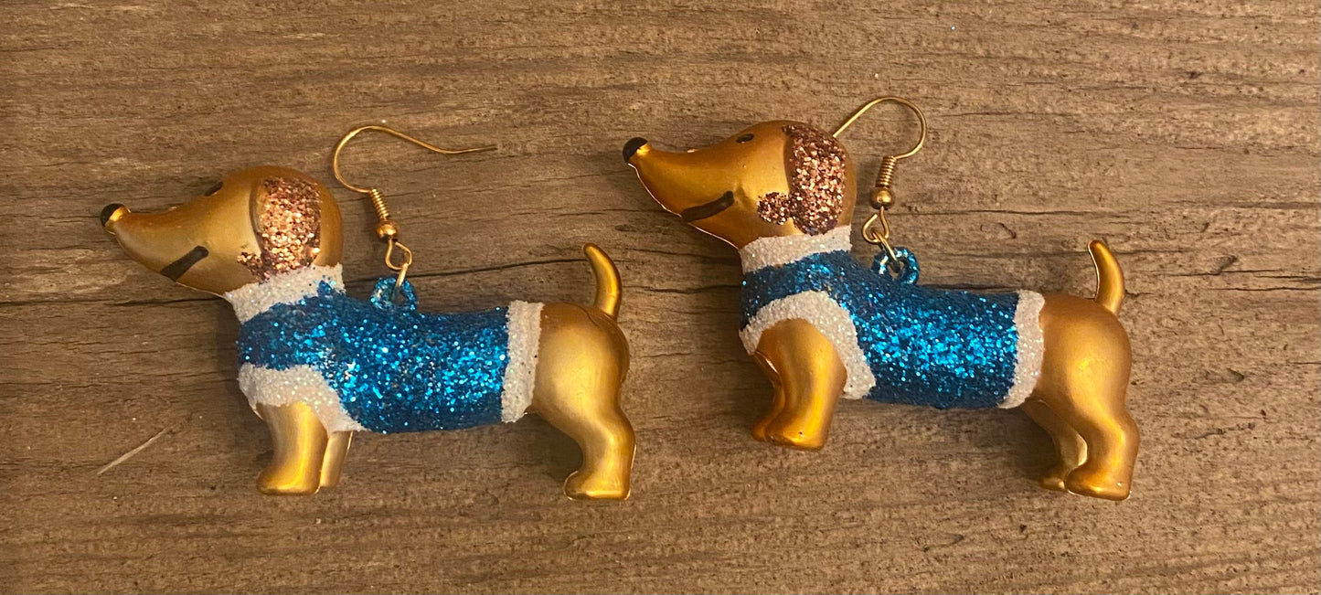 Weiner dog Christmas Sweater earrings, Blue