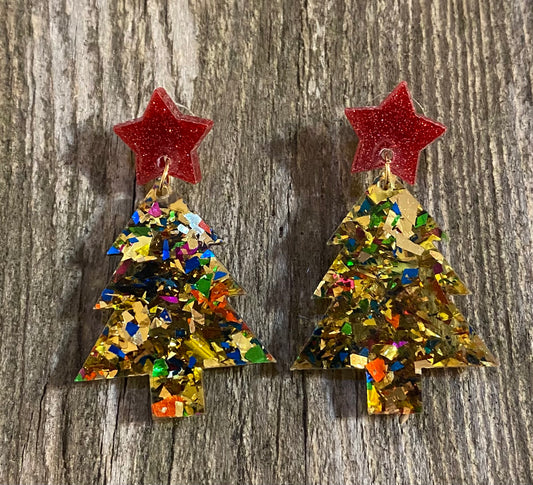 Christmas Tree Acrylic Christmas Earrings, Gold