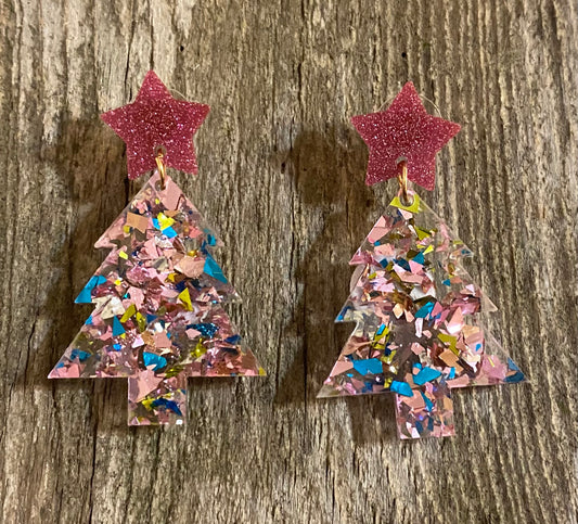 Christmas Tree Acrylic Christmas Earrings, pink