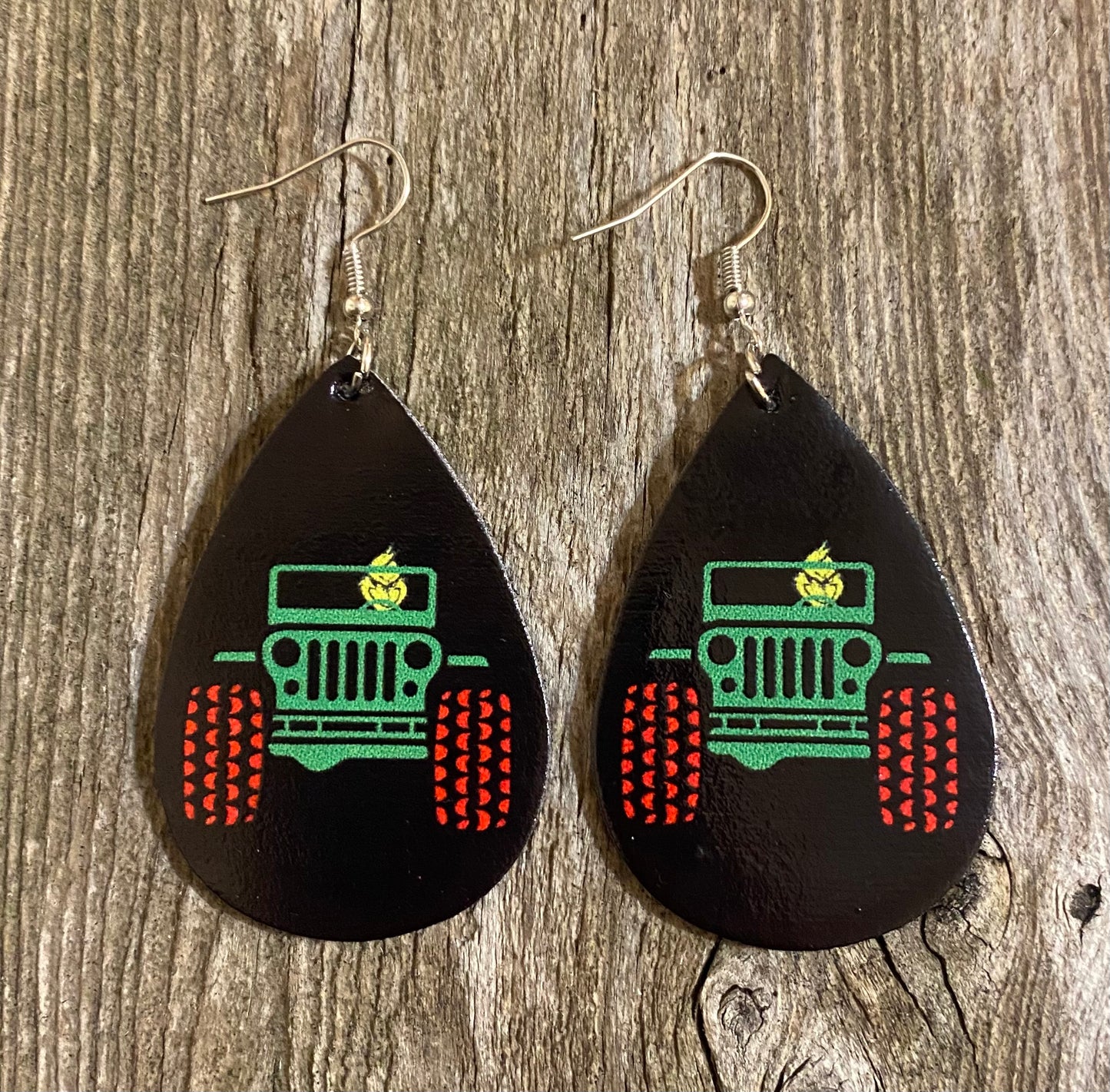 Grinch Jeep Black Teardrop Christmas Earrings