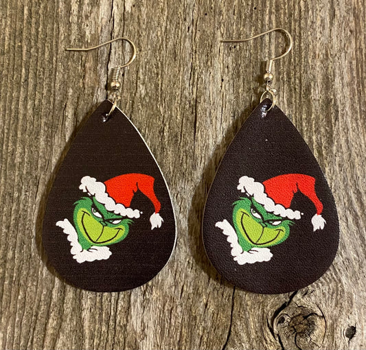 Grinch Face Black Teardrop Christmas Earrings