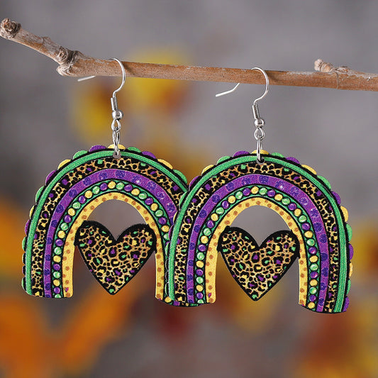 Mardi Gras "Rainbow w/Heart" Wood Earrings