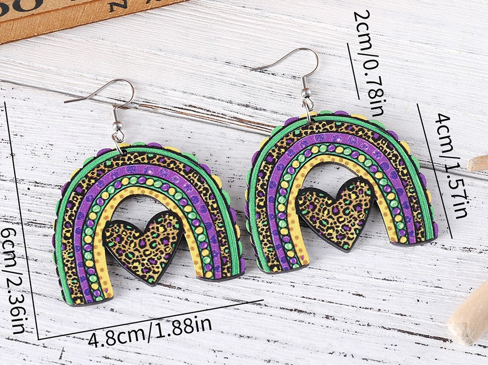 Mardi Gras "Rainbow w/Heart" Wood Earrings