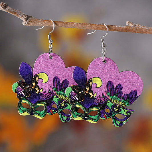 Mardi Gras "Purple Heart w/Masks" Wood Earrings