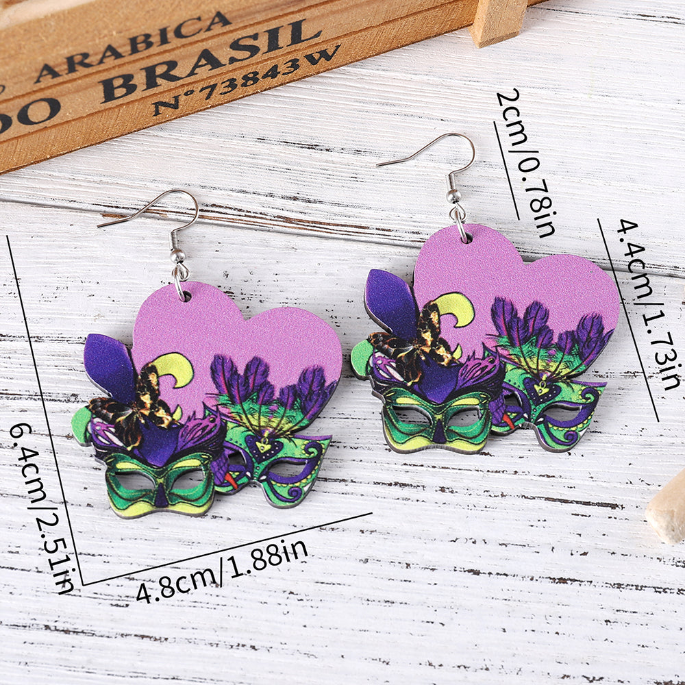 Mardi Gras "Purple Heart w/Masks" Wood Earrings