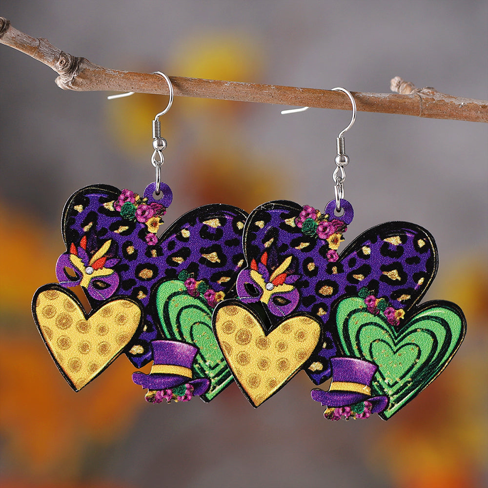 Mardi Gras "Hat/Mask/Heart" Wood Earrings