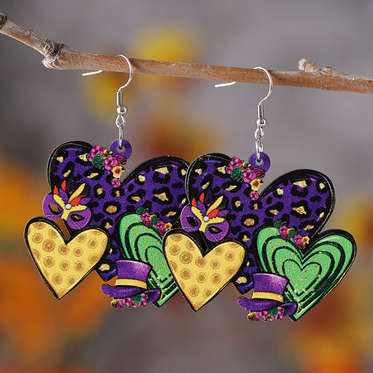 Mardi Gras "Hat/Mask/Heart" Wood Earrings