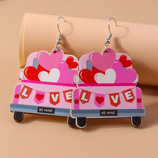 Valentine's Day, "Heart Truck" Wood Earrings