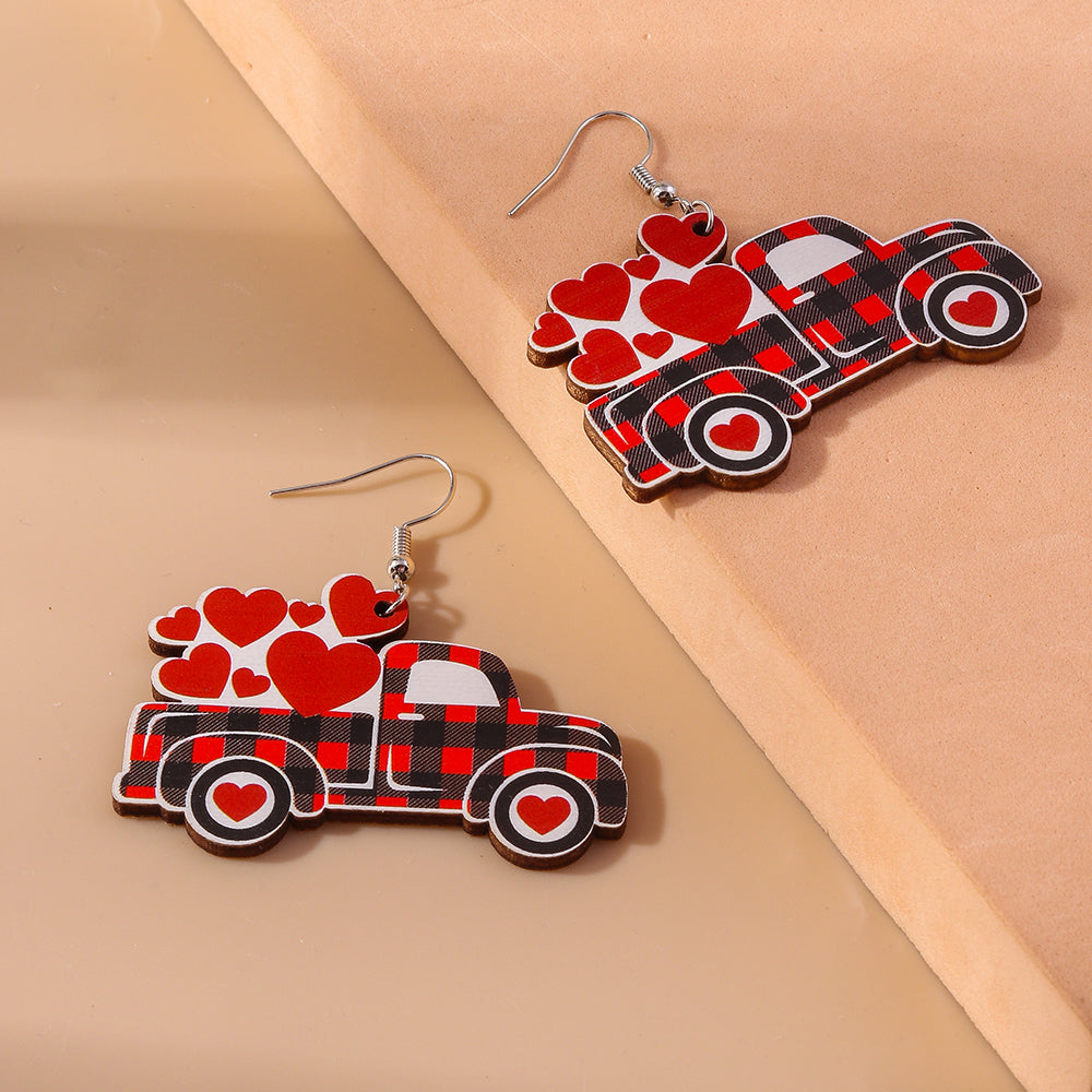 Valentine's Day, "Plaid Truck" Wood Earrings