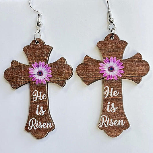 He is Risen Cross Wood Earrings, Brown