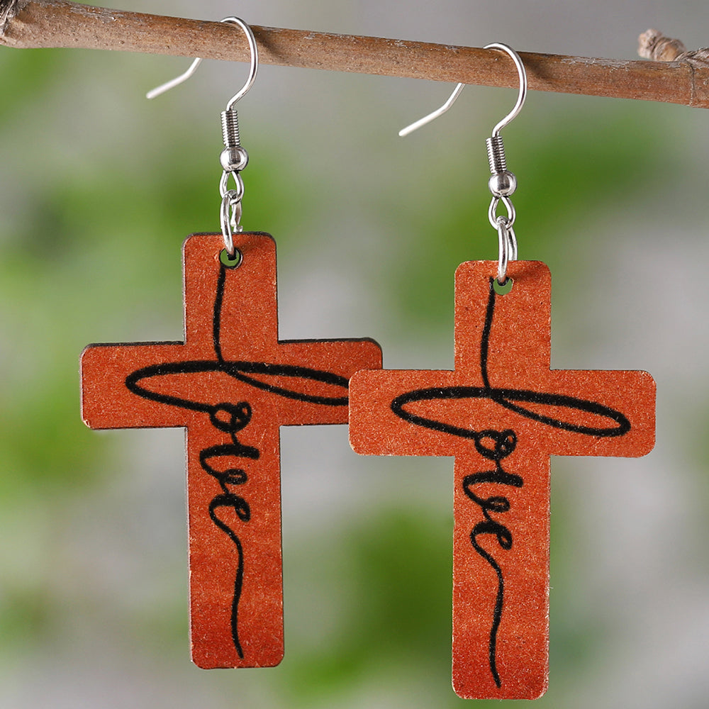 Cross Wood Earrings, "Love"