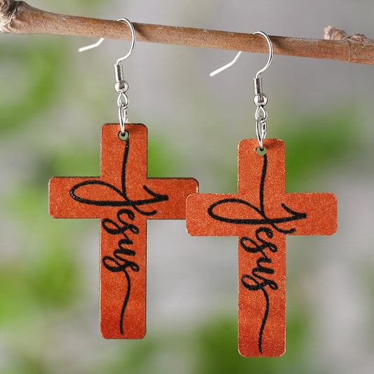 Cross Wood Earrings, "Jesus"