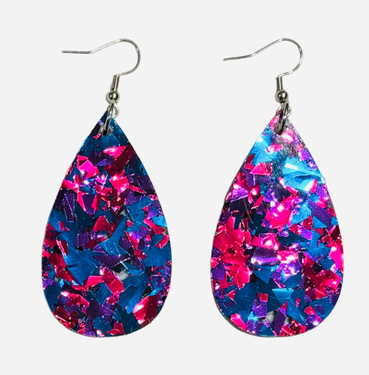 Teardrop Earrings, Acrylic Purple Confetti