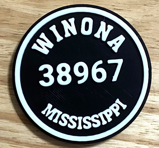 2-3/8" Zip Code Magnet - 38967 Winona, MS - White over Black