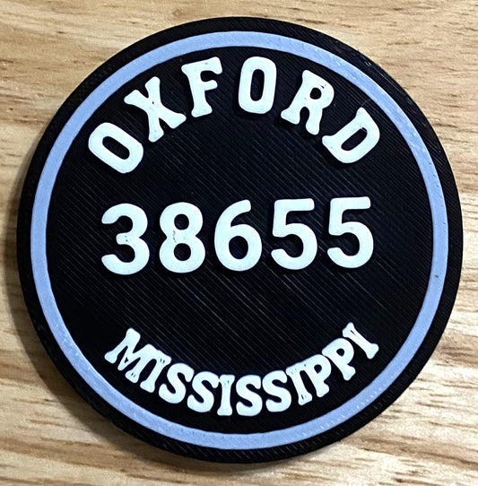 2-3/8" Zip Code Magnet - 38655 Oxford, MS - White over Black