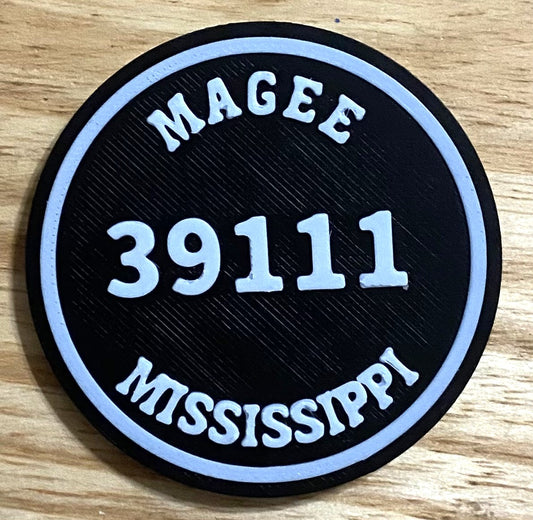 2-3/8" Zip Code Magnet - 39111 Magee, MS - White over Black