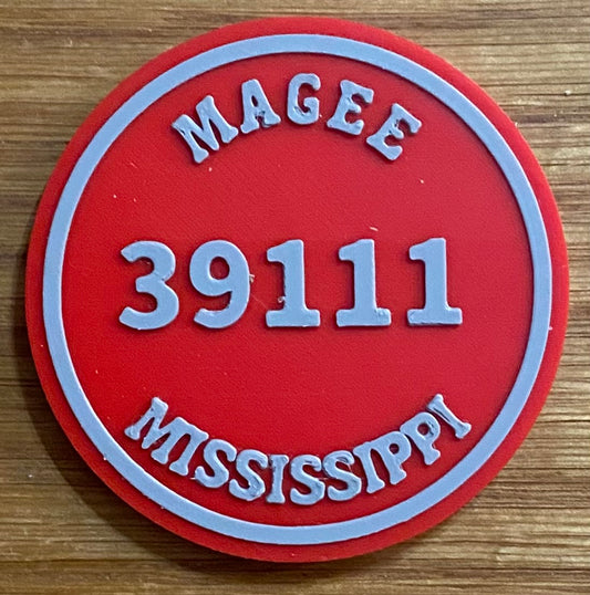 2-3/8" Zip Code Magnet - 39111 Magee, MS - Gray over Red
