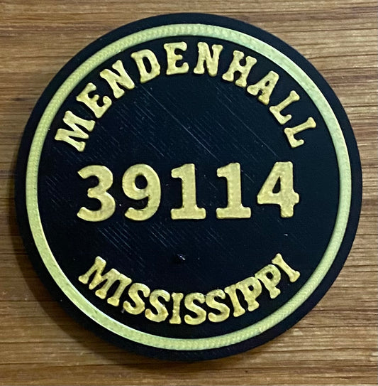 2-3/8" Zip Code Magnet - 39114 Mendenhall, MS - Gold over Black