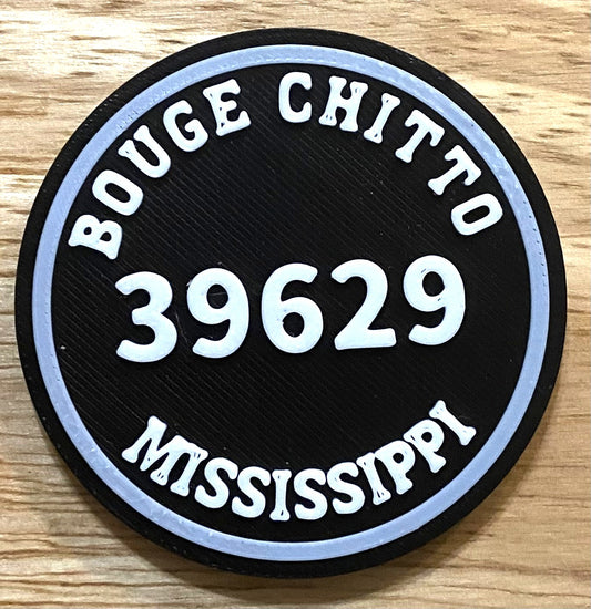 2-3/8" Zip Code Magnet - 39629 Bouge Chitto, MS - White over Black