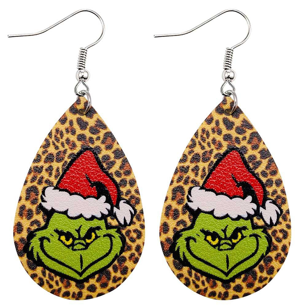 Grinch Leopard Print Teardrop Christmas Earrings