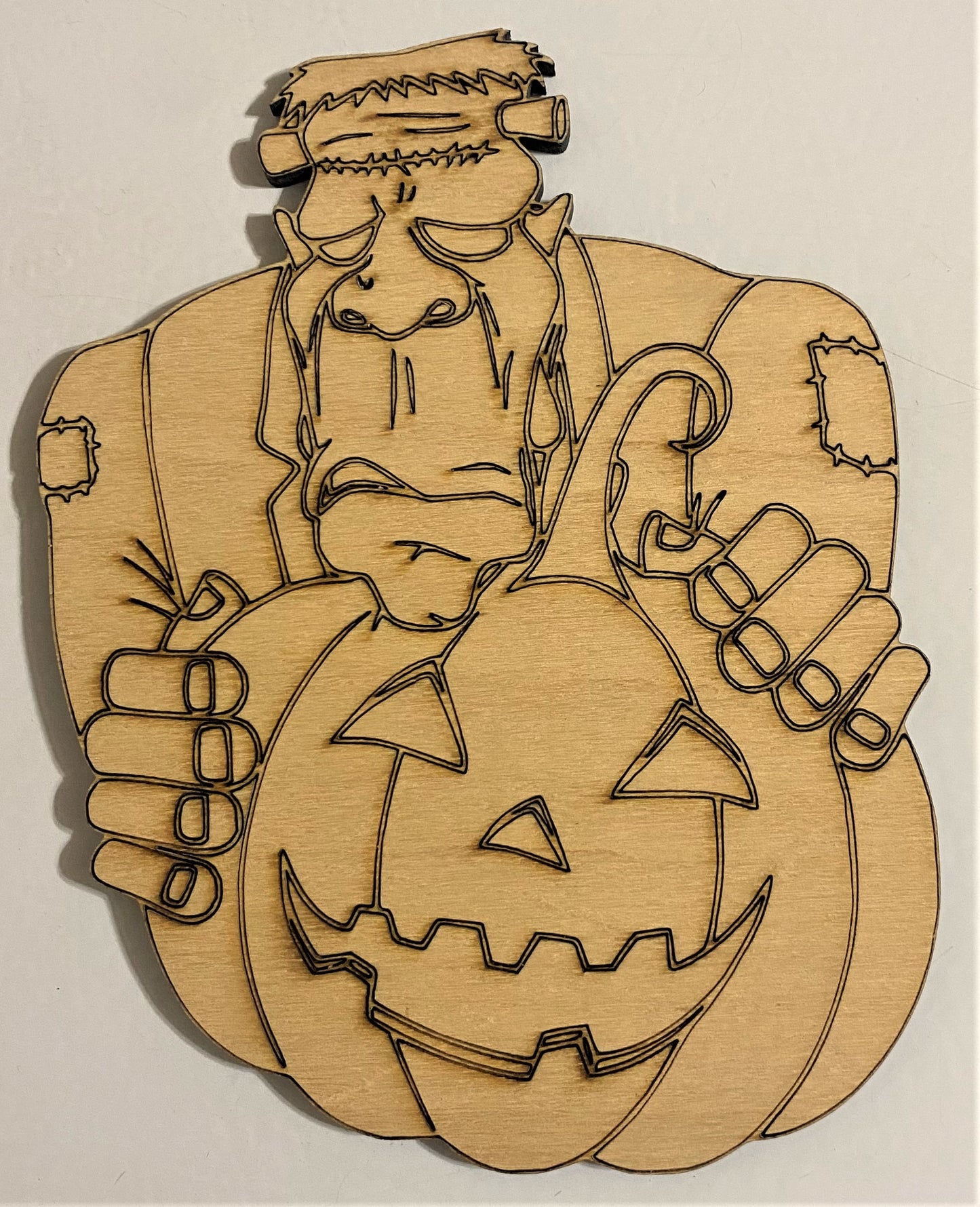 Ready to Paint Shape - 1/8" or 1/4" Birch - Frankenstein w/Pumpkins - S064