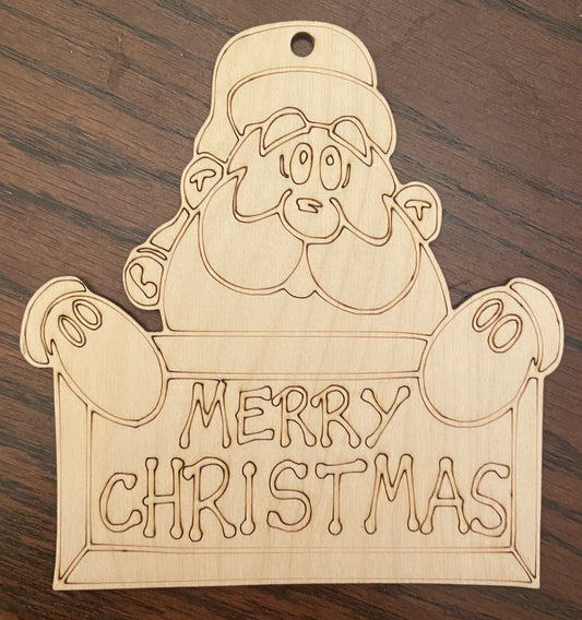 Ready to Paint Ornament - 1/8" Plywood - Merry Christmas Santa - S095