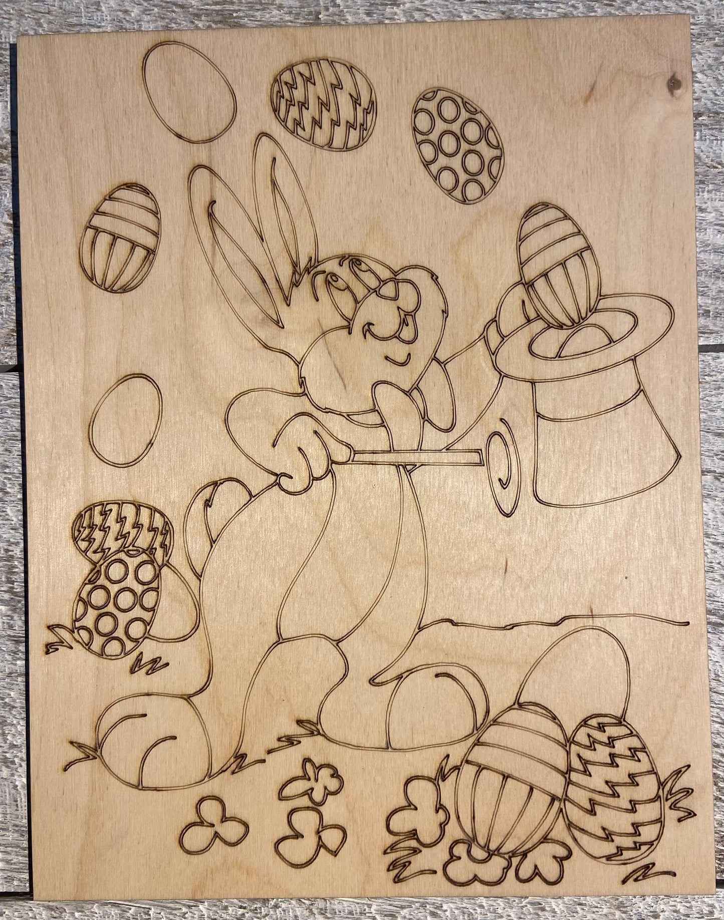 Wood Coloring Board - 1/8" Plywood - 7x9 Bunny Juggles Eggs