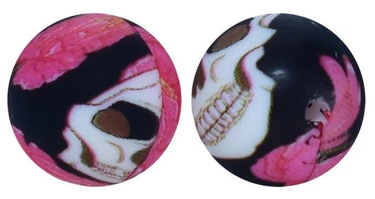 15mm Printed Silicone Beads 5/pack - Pink Skull - SB107