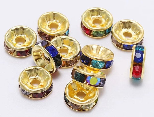 10mm Rhinestone Spacer Beads 10/pack - Gold Colorful - SPB011