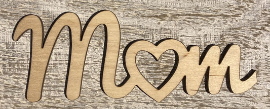 Unfinished 1/8" Plywood Word - Mom w/heart #W001