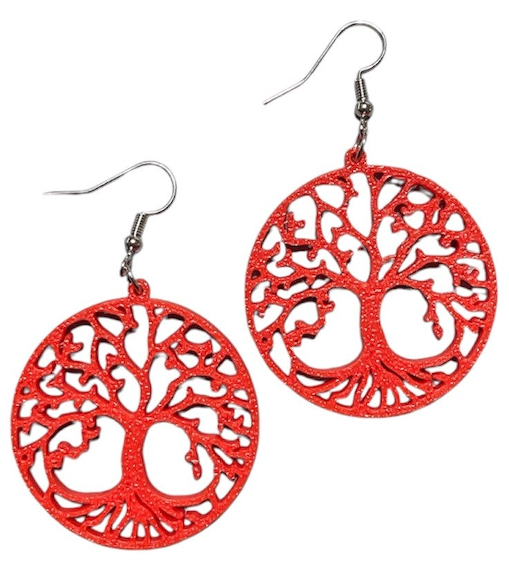 3D Printed Earrings - 1.5" x 2.25" Tree of Life - RED