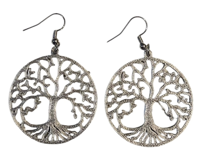 3D Printed Earrings - 1.5" x 2.25" Tree of Life - Silver Silk