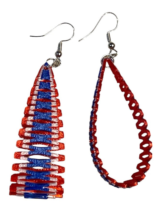 3D Printed Earrings - 2.5" x .75" Diamond Hinge - RED, WHITE, BLUE