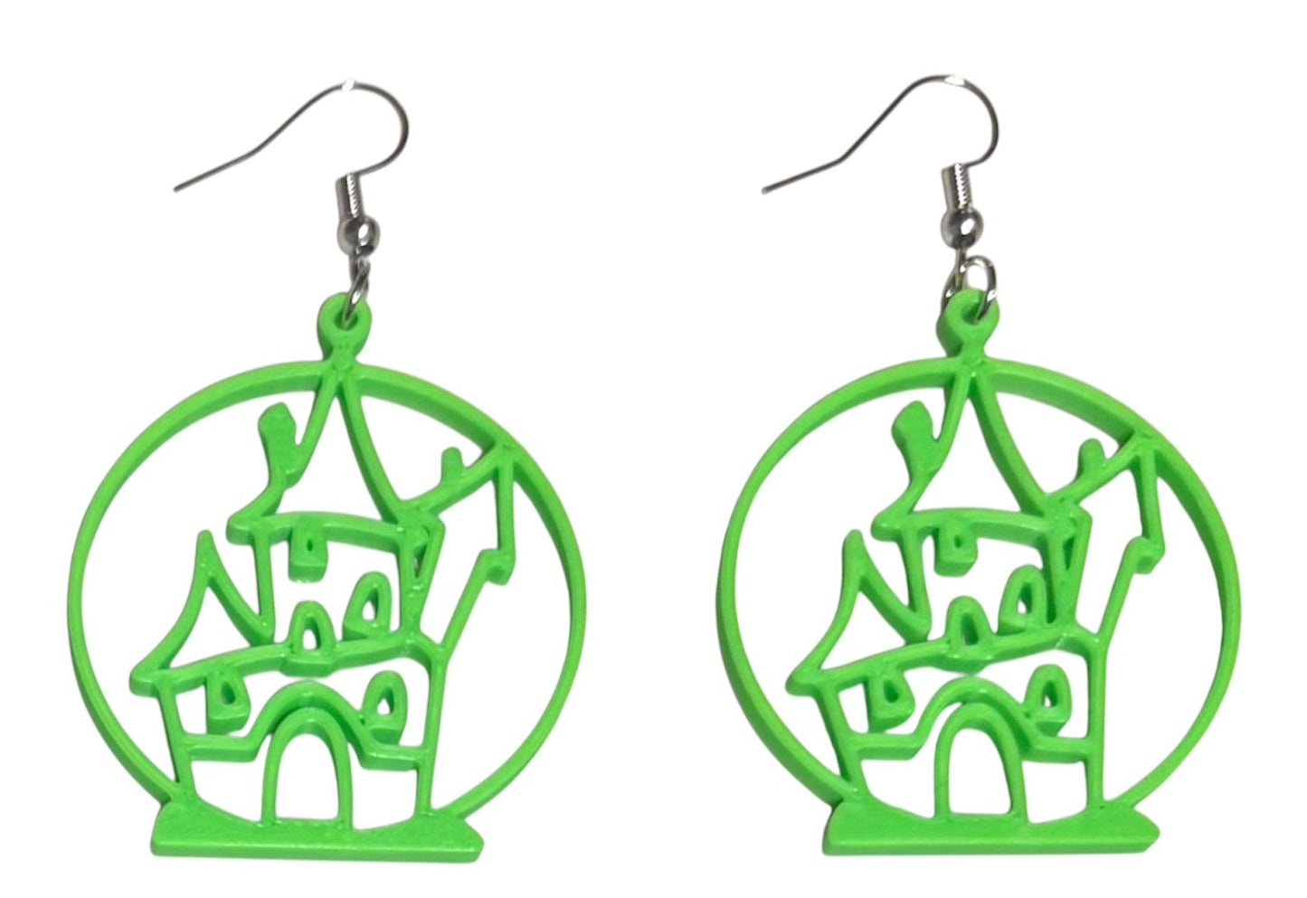 3D Printed Earrings - 2.25" x 1.5" Halloween House - LIME