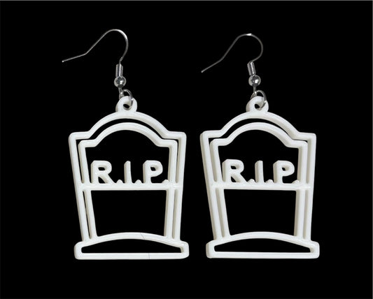 3D Printed Earrings - 2.25" x 1.25" R.I.P. Tombstone - WHITE