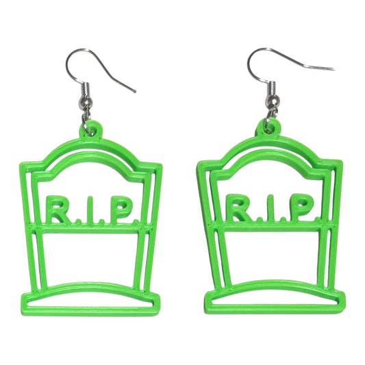 3D Printed Earrings - 2.25" x 1.25" R.I.P. Tombstone - LIME