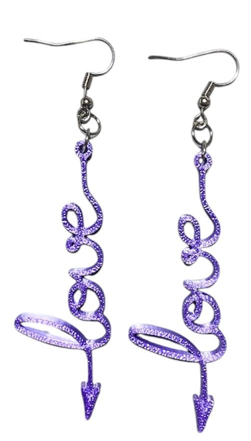 3D Printed Earrings - 2.5" x 0.9" Love Arrow Purple SIlk