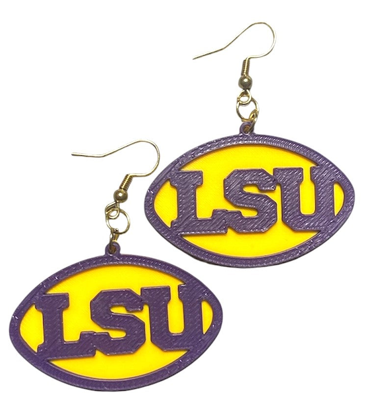 3D Printed Earrings - 1.2" x 1.75" - LSU - Indigo over Sunflower
