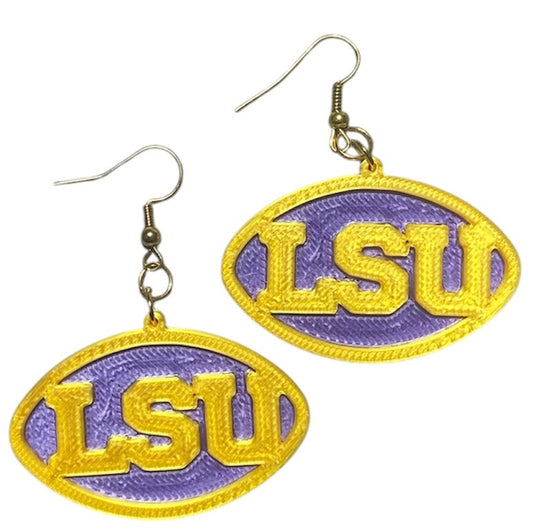 3D Printed Earrings - 1.2" x 1.75" - LSU - Gold over Purple Silk