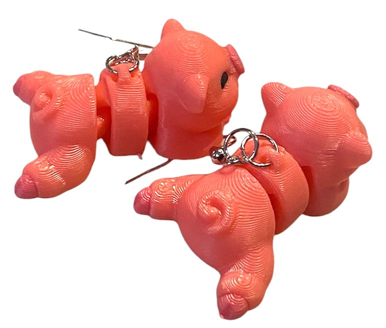 3D Printed Earrings - 0.75" x 1.5" - Sleeping Pig - PINK