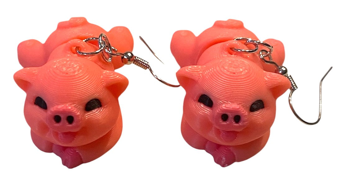 3D Printed Earrings - 0.75" x 1.5" - Sleeping Pig - PINK