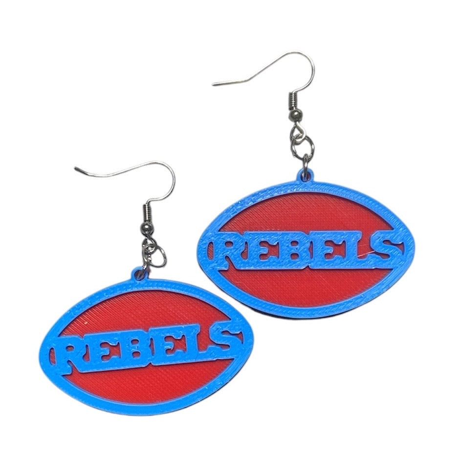 3D Printed Earrings - 1.2" x 1.75" - Rebels - Cyan over Red
