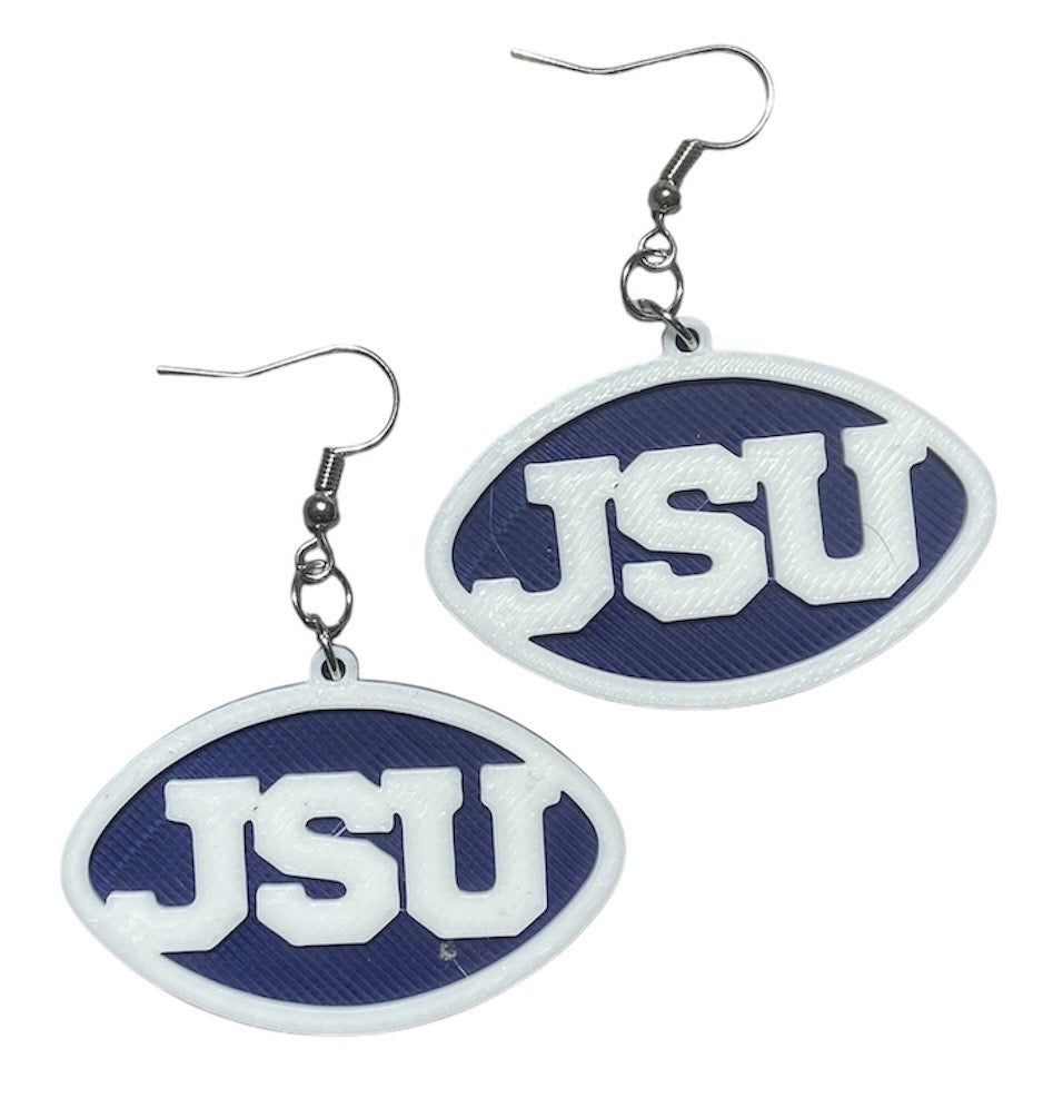 3D Printed Earrings - 1.2" x 1.75" - JSU - White over Navy