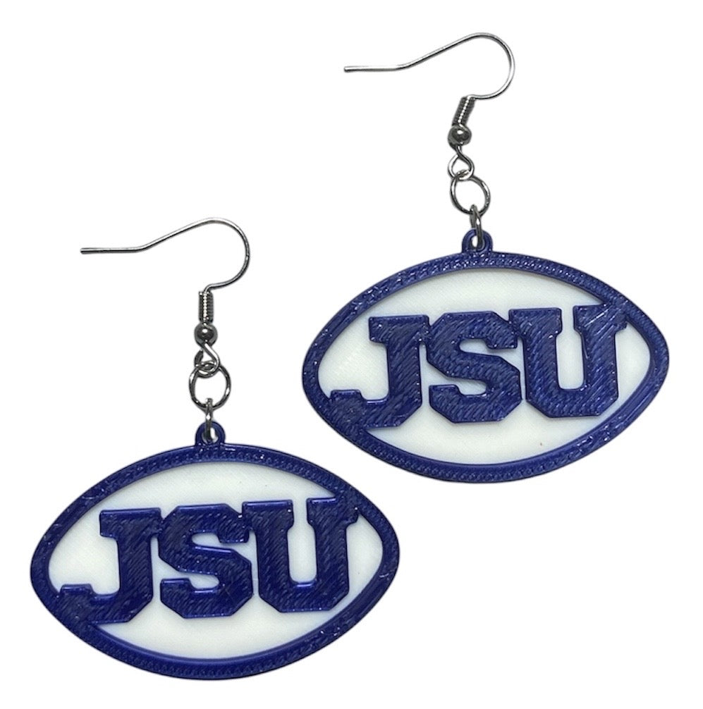 3D Printed Earrings - 1.2" x 1.75" - JSU - Navy over White