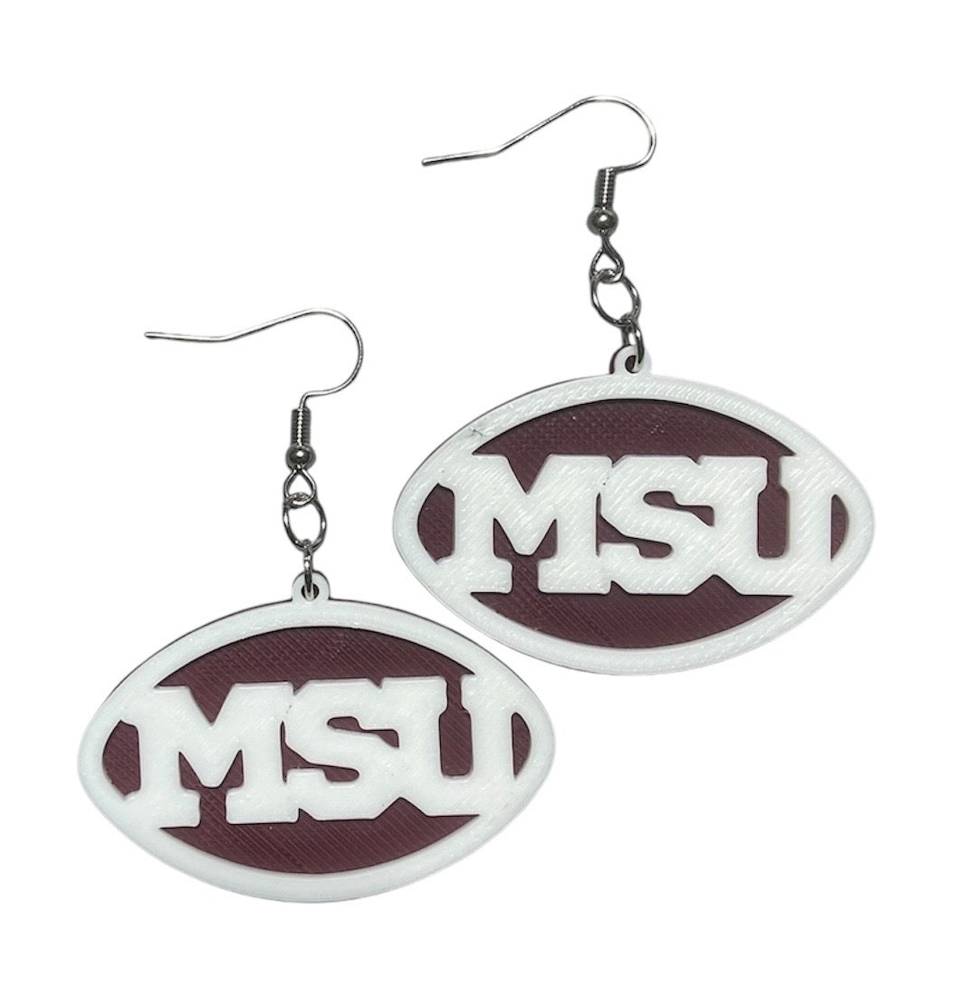 3D Printed Earrings - 1.2" x 1.75" - MSU - Maroon over White